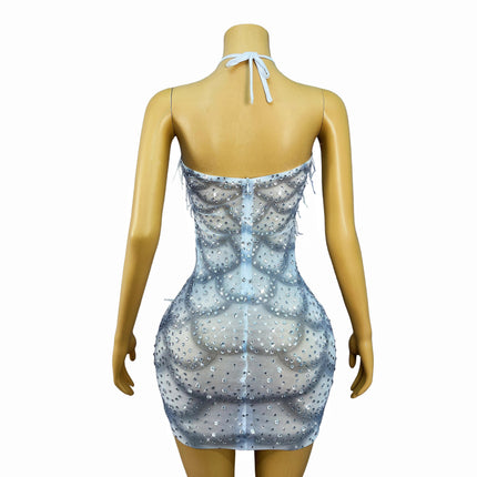 Silver Rhinestone Tassel Backless Stage Performance Mini Dress Party Gown
