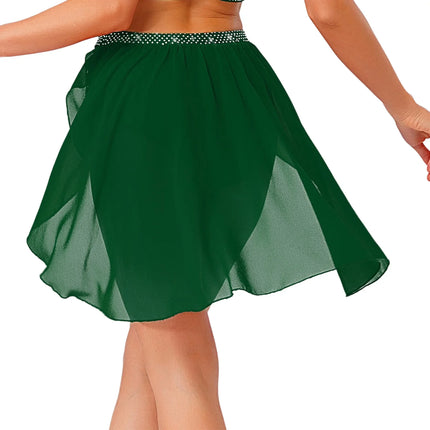 Womens Modern Lyrical Dance Skirt Performance Costume Sparkly Rhinestone Irregular Chiffon Hem Built-in Briefs Skirt Dancewear