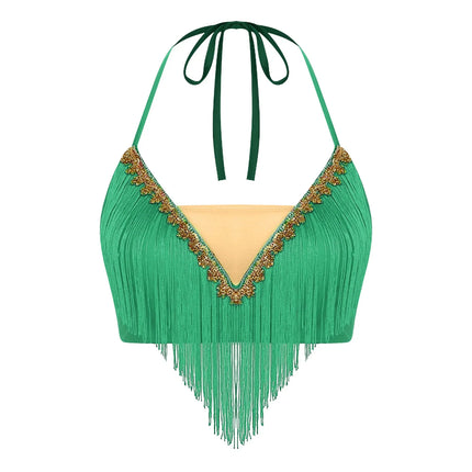 Gold Trim Halter Lace-Up Crop Top & Tiered Tassel Skirt Belly Dance Outfit