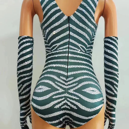 Chevron Striped Rhinestone Bodysuit & Matching Long Gloves 2-Piece Stage Costume Set