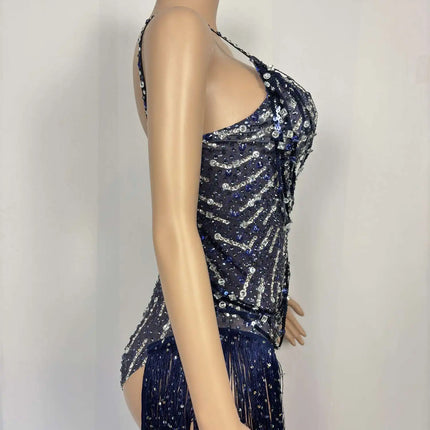 Sparkly Rhinestone Tassel Fringe Dance Leotard Nightclub Stage Performance Bodysuit