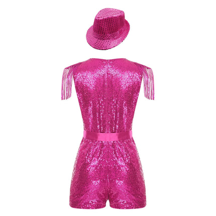 Sequin Tassel Romper, Adjustable Belt & Matching Hat Stage Dance Costume Set
