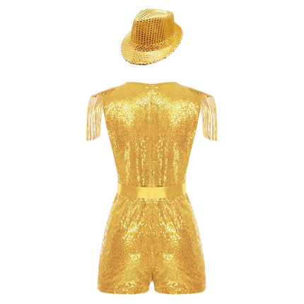 Sequin Tassel Romper, Adjustable Belt & Matching Hat Stage Dance Costume Set