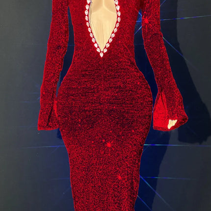 Sparkly Rhinestone Deep V-Neck Sheer Evening Gown Stage Performance Costume