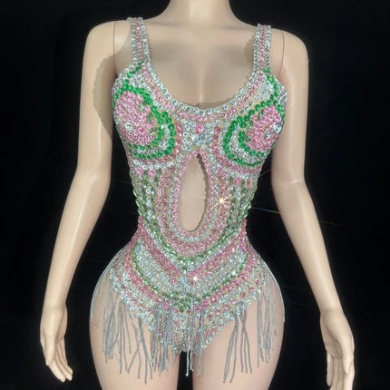 Sparkly Silver Rhinestone Tassel High-Cut Stage Bodysuit Dance Performance Leotard