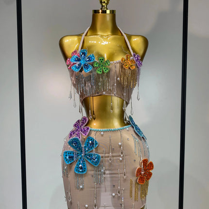 Colorful Rhinestone Pearl Sheer Dress & Two-Piece Mini Skirt Set Celebration Outfit