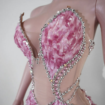 Sequin Beaded Tassels Mini Dress Crystals Mesh Bodycon Stage Performance Outfit
