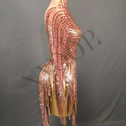 Gold Crystal Fringe Illusion Mini Dress Sparkly Rhinestone Stage Dance Costume