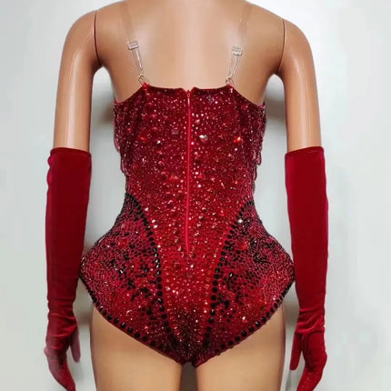 The Stardust Scarlet Siren – Sparkling Rhinestone Deep V Bodysuit, Gloves & Hat Set