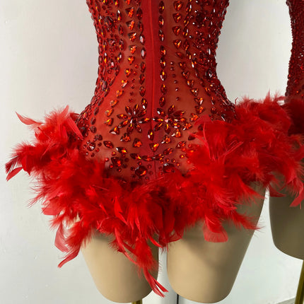 The Stardust Follies Feather Bodysuit – Luxury Rhinestone & Mesh Showgirl Costume