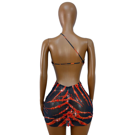 Crimson Flame Rhinestone Mesh Mini Dress Keyhole Cutout Backless Stage Costume