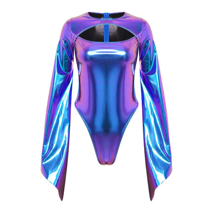 Metallic Flared Sleeve Cutout Disco Bodysuit & Metallic Rave Leotard