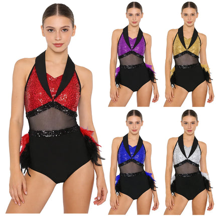 Women's Shiny Sequin Sheer Mesh Feather Latin Jazz Dance Bodysuit