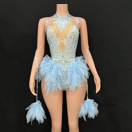Rhinestone Feather Embellished Bodysuit & Showgirl Stage Dance Costume