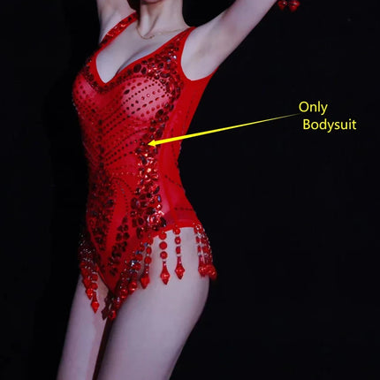 Sexy Nightclub Bar Gogo Dance Costume Red Rhinestones Fringe Mesh Bodysuit Gloves Performance Stage Wear Party Show Rave Outfits