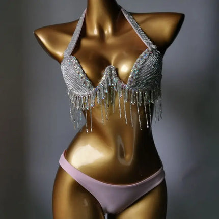 High-Fashion Crystal Mesh Bikini Set – Dazzling Rhinestone Bling Swimsuit & Showgirl Swimwear for Stage Performances & Raves