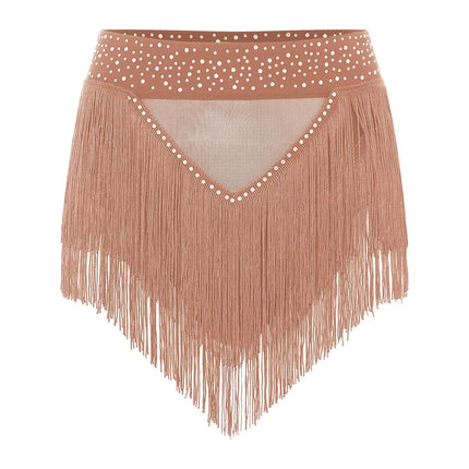 Rhinestone Tassel High-Waist Dance Shorts & Sheer Mesh Fringe Skirt