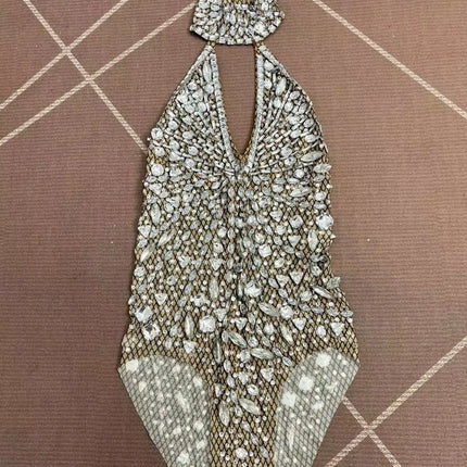 Sparkly Silver Rhinestone Halter Stage Bodysuit Leotard Costume Piece