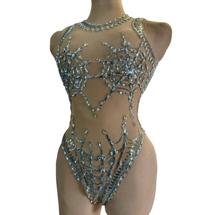 The Stardust Spider – Sexy Silver Sequins & Rhinestone Mesh Bodysuit