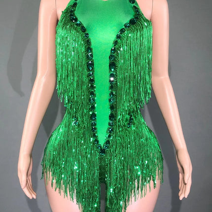 Sparkly Emerald Green Rhinestone Sequin Fringe Bodysuit Backless Stage Leotard