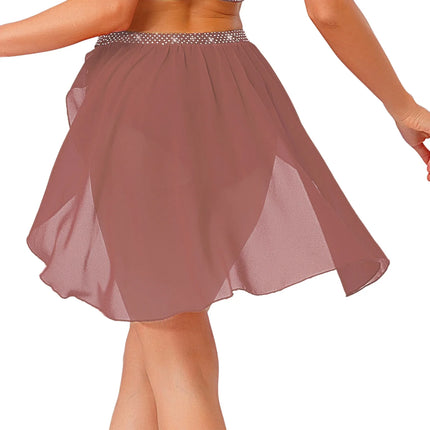 Womens Modern Lyrical Dance Skirt Performance Costume Sparkly Rhinestone Irregular Chiffon Hem Built-in Briefs Skirt Dancewear