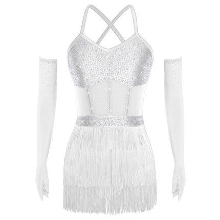 Rhinestone Latin Dance Dress, Mesh Tiered Tassel Bodysuit & Long Gloves Set