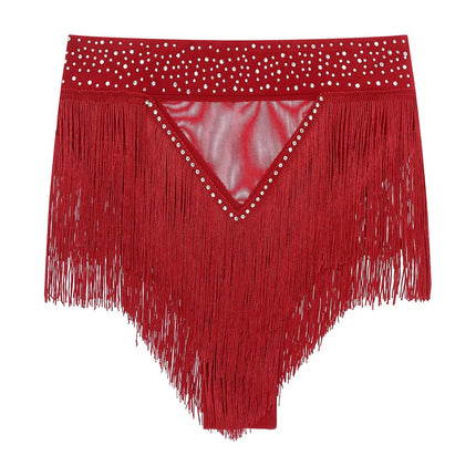 Rhinestone Tassel High-Waist Dance Shorts & Sheer Mesh Fringe Skirt
