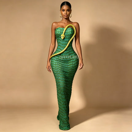 Emerald Snake Rhinestone Illusion Strapless Gown Sculpted Serpent Floor-Length Evening Dress