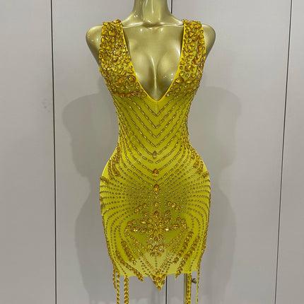 Vintage-Inspired Sparkly Rhinestone Mesh V-Neck Party Dress