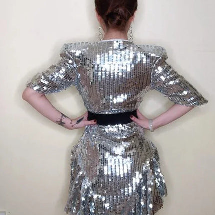 Sequined Shoulder Pad Tuxedo Leotard & Stage Performance Costume