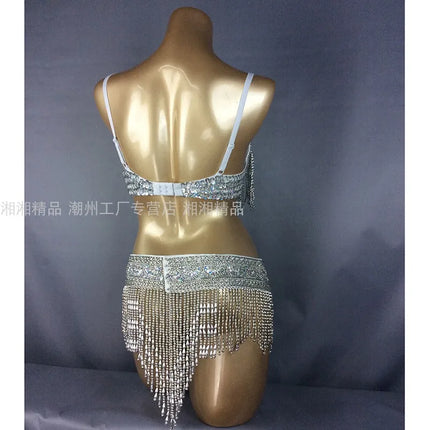 The Stardust Cabaret 2-Piece Ensemble – Luxury Sequin Fringe Bra & Belt Set
