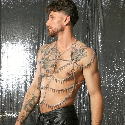 Fashionable Multi-Layer Fringe Men's Body Chain Metal Hanging Neck Iron Ring Vest Sexy Cutout Design Top