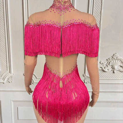 Sparkly Rhinestone Tassel Fringe Dance Performance Costume Stage Bodysuit