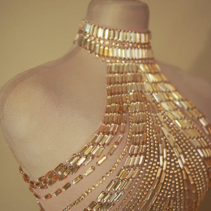 Sparkly Rhinestone High-Neck Sheath Mini Dress Stage Dance Costume