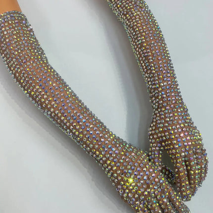 AB Rhinestone Sheer Mesh Long Opera Gloves Stage Performance Costume Accessory