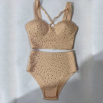 Skin Tone High-Waist Rhinestone Bikini Shorts & Pole Dance Performance Outfit