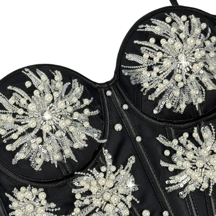 Pearl & Sequin Embroidered Floral Bustier Corset Top Asymmetric Camisole Bralette