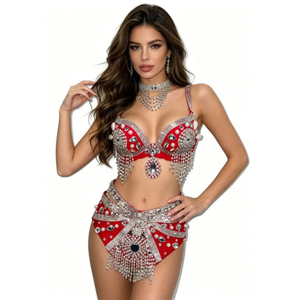 Sparkly Rhinestone Beading Tassel Bikini Sexy Nightclub Stage Wear Fringe Bra High Waist Short DJ Rave Outfit Nightclub Costume