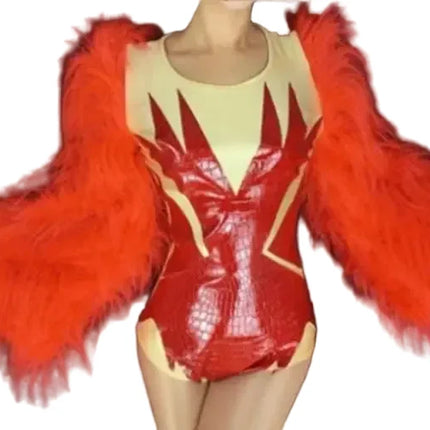 Sultry Red Feather Showgirl Bodysuit & Stage Costume Set