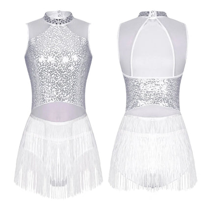 Women Sequins Diamond Latin Jazz Dance Costume Sleeveless Cutout Back Flowy Tassel Dress Leotard Tango Cha-Cha Samba Dancewear