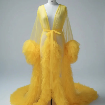Voluminous Illusion Tulle Ruffle Long Robe Dressing Gown