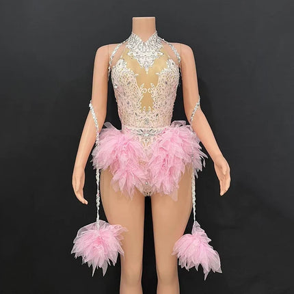 Rhinestone Feather Embellished Bodysuit & Showgirl Stage Dance Costume