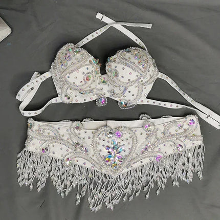 Dazzling Beaded Crystal Belly Dance Bra & Belt 2-Piece Costume Set