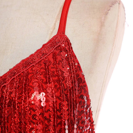 Sequins Fringed Cross Back Latin Dance Leotard Sleeveless V-Neck Bodysuit