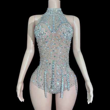 Silver Crystal Halter Illusion Bodysuit Sparkly Backless Rhinestone Stage Leotard