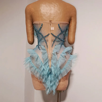 Vintage-Inspired Sparkly Rhinestone Sheer Blue Geometric Pattern Tube Short Dress