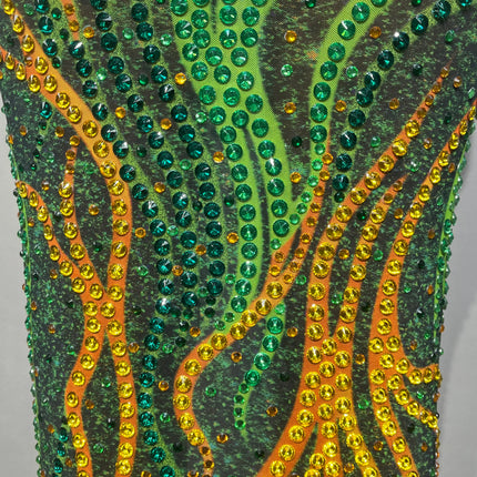 Gold & Emerald Swirl Rhinestone Illusion Maxi Gown Long Sleeve Floor-Length Evening Dress