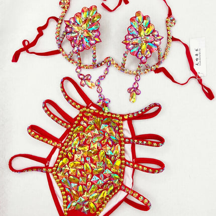 Sparkly Samba Carnival Stone Wire Bra & Bikini Bottom Set Stage Costume