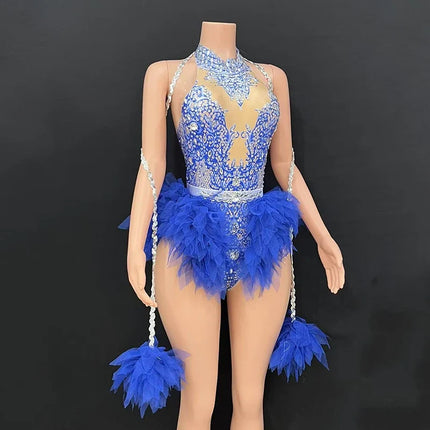 Rhinestone Feather Embellished Bodysuit & Showgirl Stage Dance Costume