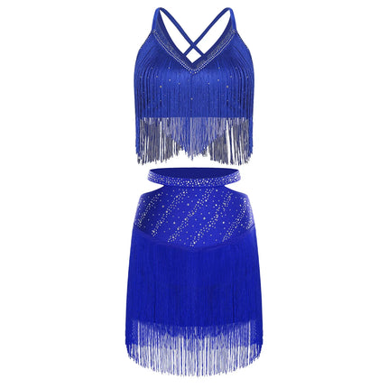 Sparkly Rhinestone & Tassel Fringe Two-Piece Latin Tango Dance Outfit Set